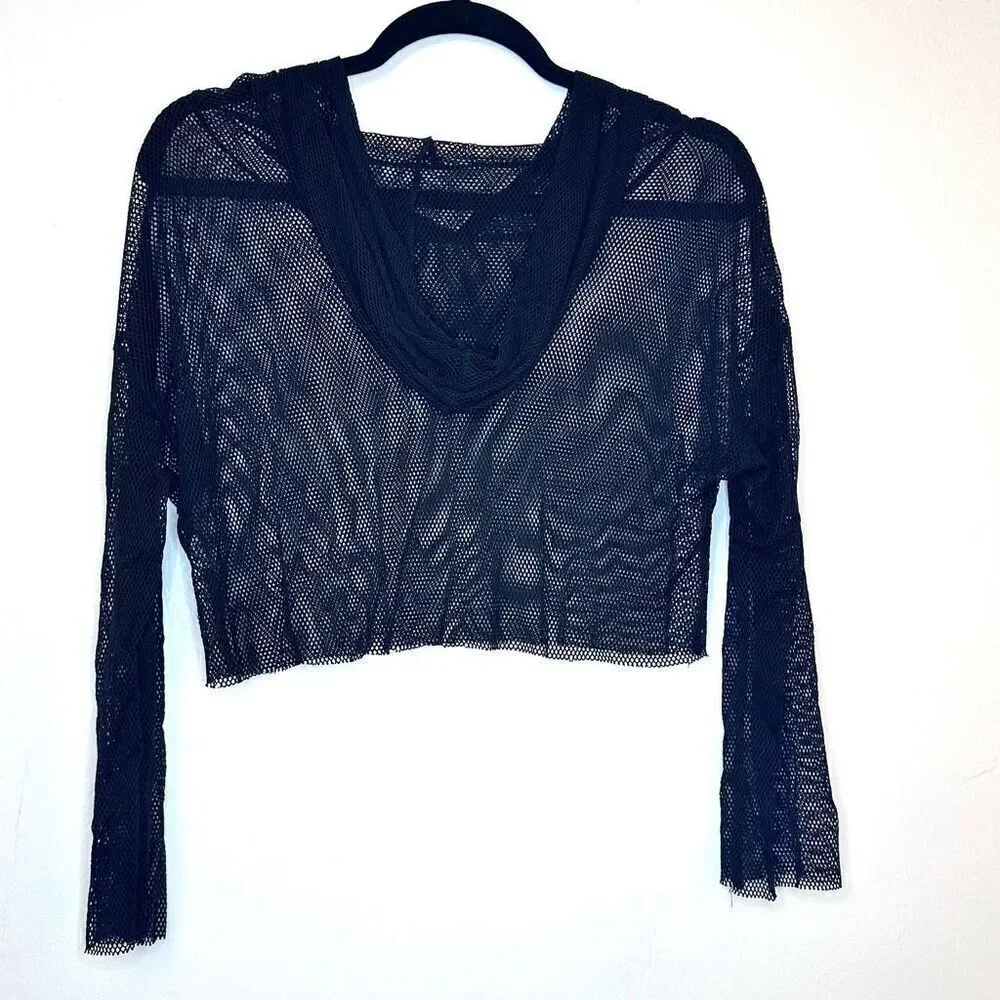 Fashion Nova Long Sleeve Hooded Pullover Mesh Sheer Black Crop Top Large